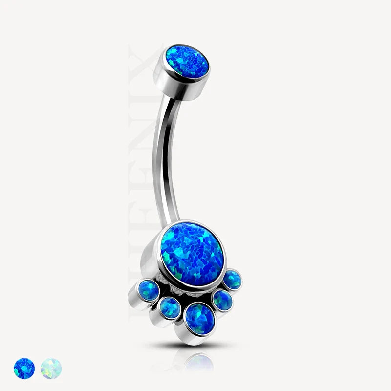Titanium Blue Opal Cluster Belly Button Ring/Navel Banana Bar for Navel Piercing