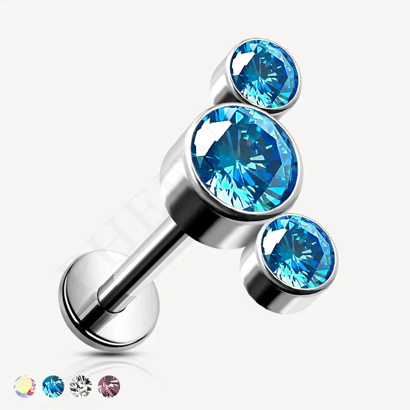 Titanium Silver Labret with Aquamarine 3 Bezel CZ Curve for Ear Piercing like Ear Lobe, Conch and Nose or Lip Piercing