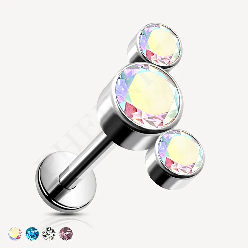 Titanium Silver Labret with 3 Aurora Borealis Bezel CZ Curve for Ear Piercing like Helix, Tragus and Nose or Lip Piercing