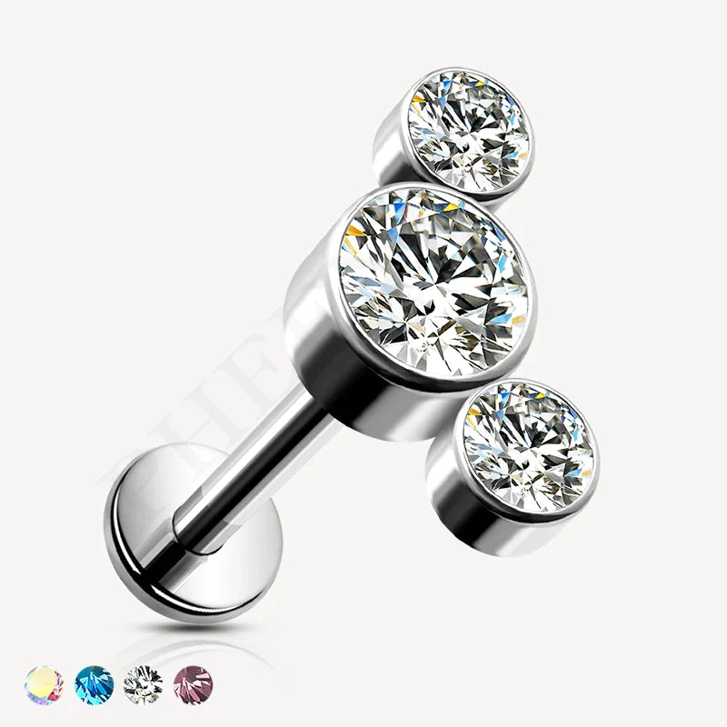Titanium Silver Labret with 3 Bezel Crystal Curve for Ear Piercing like Helix, Tragus and Nose or Lip Piercing