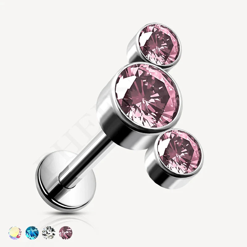 Titanium Silver Labret with Light Amethyst 3 Bezel CZ Curve for Ear Piercing like Ear Lobe, Conch and Nose or Lip Piercing
