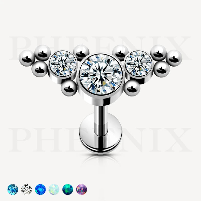 Titanium 3 Bezel CZ Labret With Ball Clusters for Ear Piercing and Nose Piercing Like Tragus, Helix, Ear Lobe & Conch