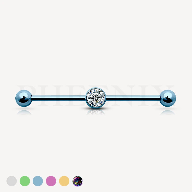 G23/ASTM F136 Titanium Blue Barbell with Balls and a Crystal Center for Industrial Piercing