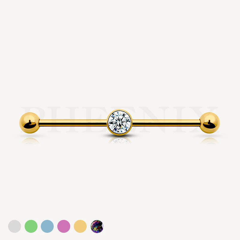 G23/ASTM F136 Titanium Gold Barbell with Balls and a Crystal Center for Industrial Piercing