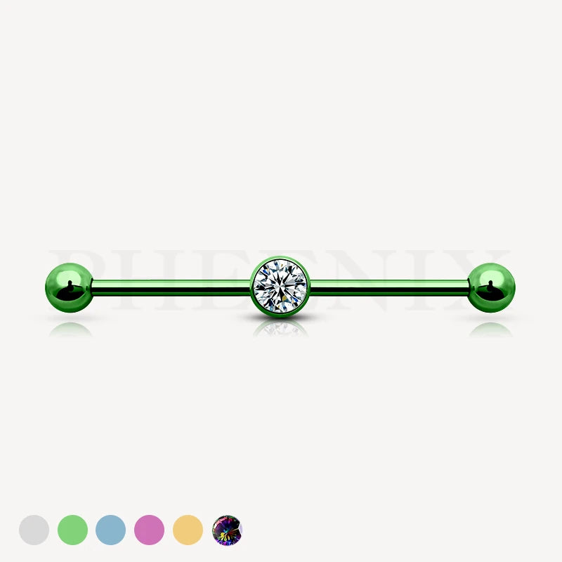 G23/ASTM F136 Titanium Green Barbell with Balls and a Crystal Center for Industrial Piercing