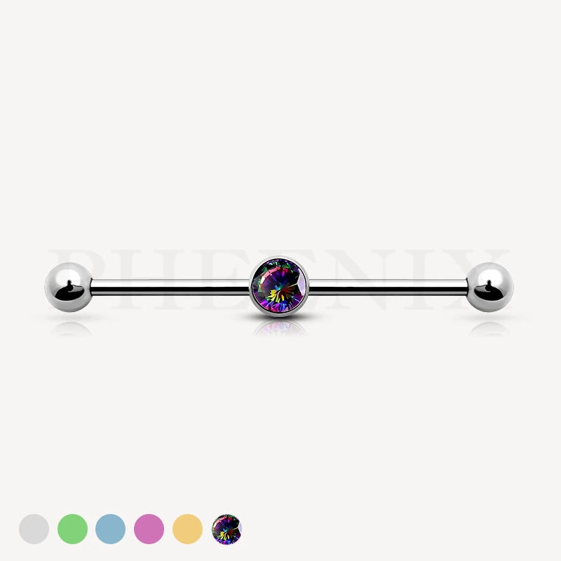 G23/ASTM F136 Titanium Silver Barbell with Balls and Vitrail Medium CZ Center for Industrial Piercing