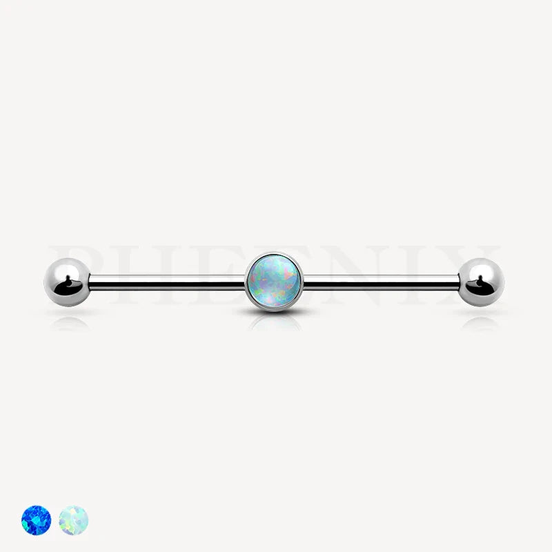 G23/ASTM F136 Titanium Silver Barbell with Balls and a White Opal Stone Center for Industrial Piercing