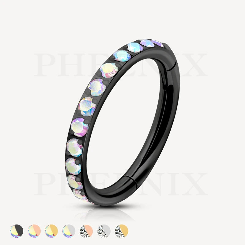 Titanium Outward Facing Pave Aurora Borealis CZ Black Hinged Ring for Ear Piercing like Daith, Tragus, Helix and Ear Lobe, and many more