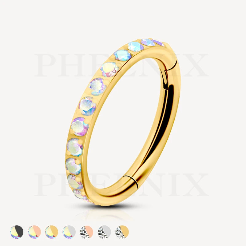Titanium Outward Facing Pave Aurora Borealis CZ Gold Hinged Ring for Ear Piercing like Daith, Tragus, Helix and Ear Lobe, and many more