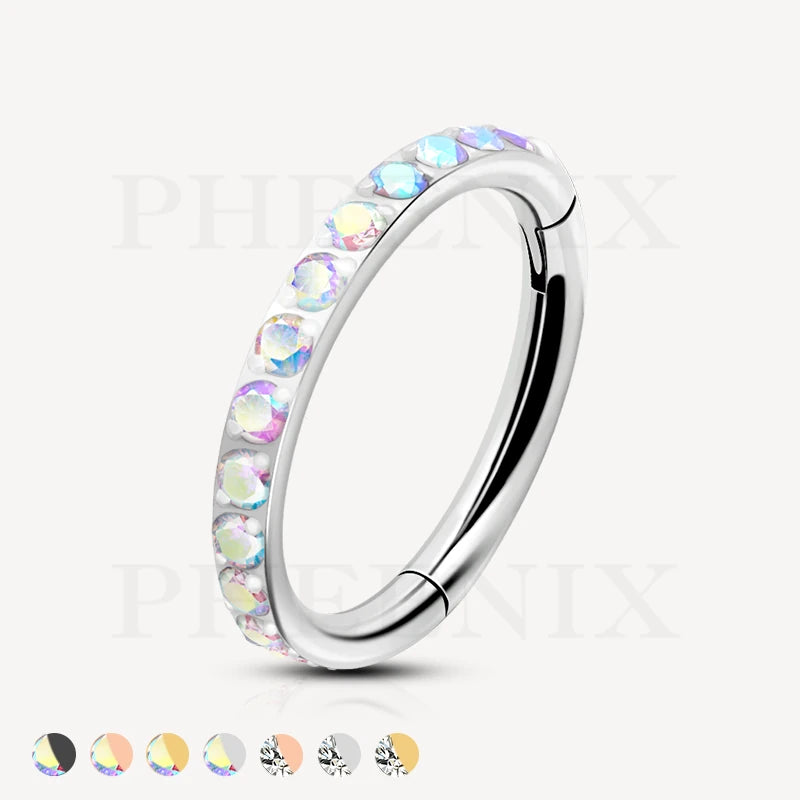 Titanium Outward Facing Pave Aurora Borealis CZ Silver Hinged Ring for Ear Piercing like Daith, Tragus, Helix and Ear Lobe, and many more