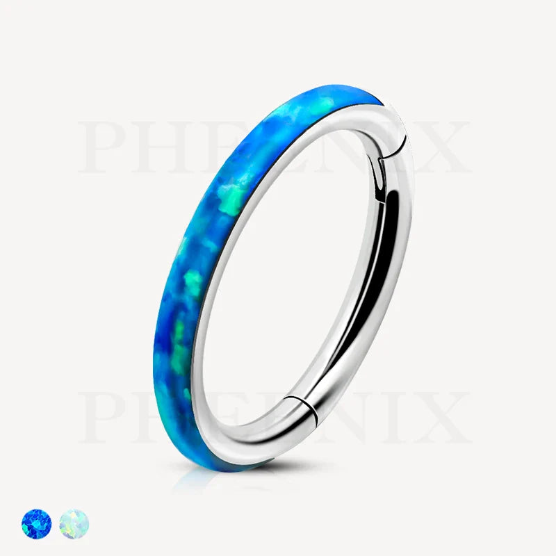 Titanium Outward Facing Blue Opal Hinged Ring for Ear Piercing like Tragus, Rook and Daith, for Nose Piercing like Septum