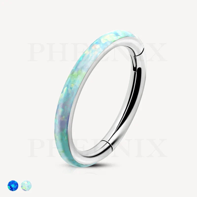 Titanium Outward Facing White Opal Hinged Ring for Ear Piercing like Tragus, Rook and Daith, for Nose Piercing like Septum