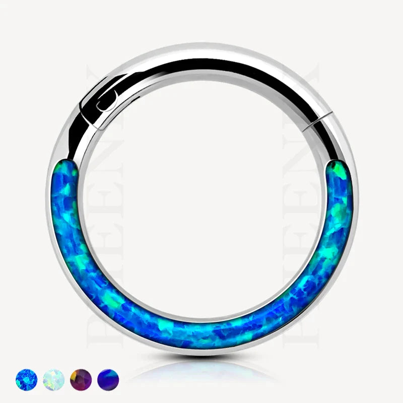Titanium Forward Facing Blue Opal Clicker for ear piercings including Tragus, Helix and Ear Lobe or nose and septum