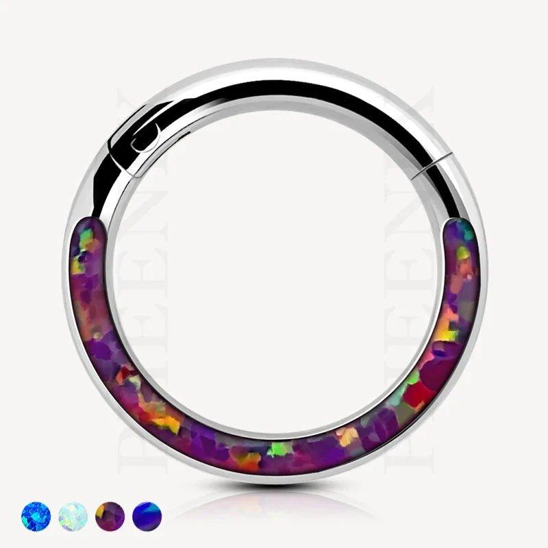 Titanium Forward Facing Purple Opal Clicker for ear piercings including Tragus, Helix and Ear Lobe or nose and septum
