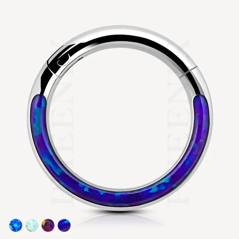 Titanium Forward Facing Violet Opal Clicker for ear piercings including Tragus, Helix and Ear Lobe or nose and septum