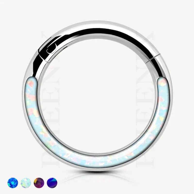Titanium Forward Facing White Opal Clicker for ear piercings including Tragus, Helix and Ear Lobe or nose and septum