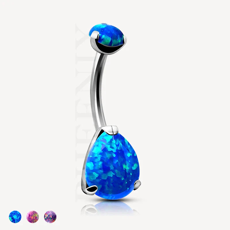 Titanium Prong Pear Blue Opal Stone Belly Button Ring for Navel Piercing