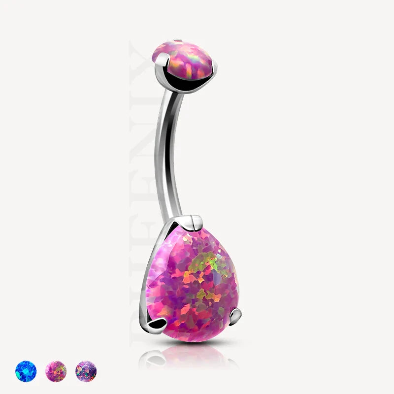 Titanium Prong Pear Pink Opal Stone Belly Button Ring for Navel Piercing