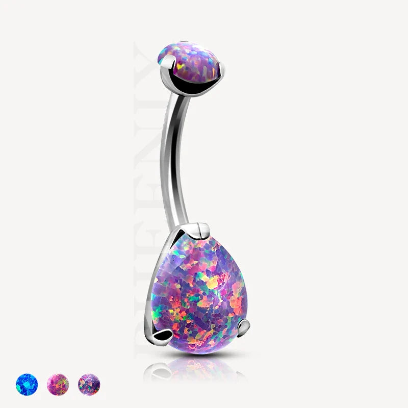 Titanium Prong Pear Purple Opal Stone Belly Button Ring for Navel Piercing