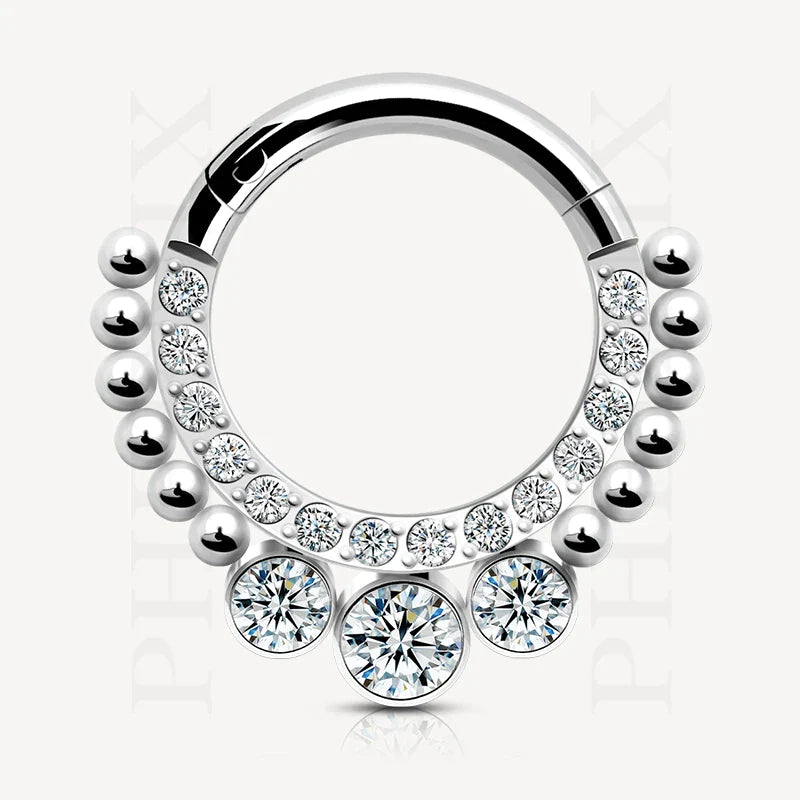 Titanium Luxurious Silver CZ Clicker With Pave Crystal & Beads for Ear Piercings and Nose Piercings like Helix & Septum