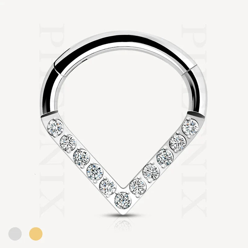 Titanium Pave CZ Chevron Hinged Ring for Ear Piercing like Tragus, Helix and Nose Piercing like Septum