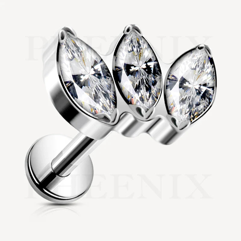 Titanium 3 Marquise CZ Labret for Ear Piercings like Tragus, Helix, also for Nose and Lip Piercings