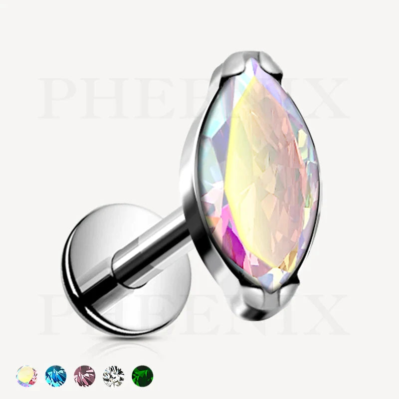 Titanium Silver Labret with Aurora Borealis Marquise CZ Top for Ear Piercing and Nose Piercing like Tragus, Helix and Conch