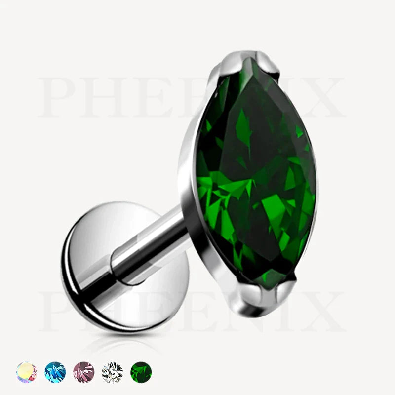 Titanium Silver Labret with Emerald Marquise CZ Top for Ear Piercing and Nose Piercing like Tragus, Helix and Conch