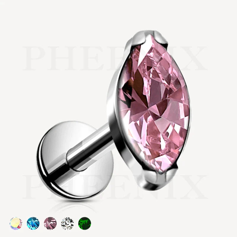 Titanium Silver Labret with Light Amethyst Marquise CZ Top for Ear Piercing and Nose Piercing like Tragus, Helix and Conch