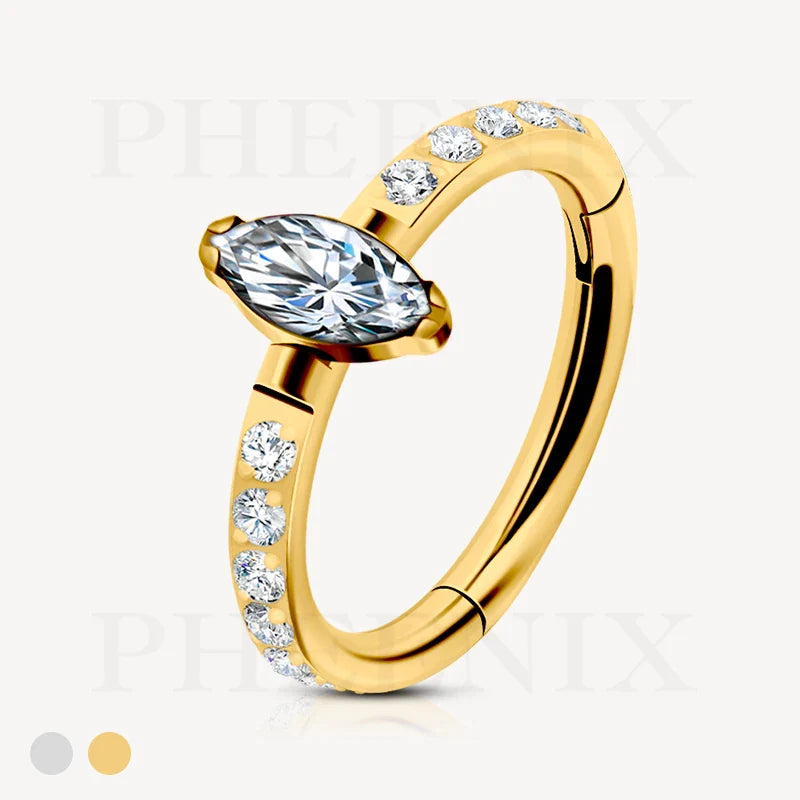 Titanium Outward Facing Marquise CZ Gold Hinged Ring With Pave CZ for Ear Piercing like Tragus, Helix, Ear Lobe and Orbital