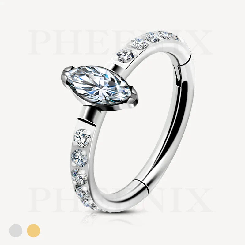 Titanium Outward Facing Marquise CZ Silver Hinged Ring With Pave CZ for Ear Piercing like Tragus, Helix, Ear Lobe and Orbital