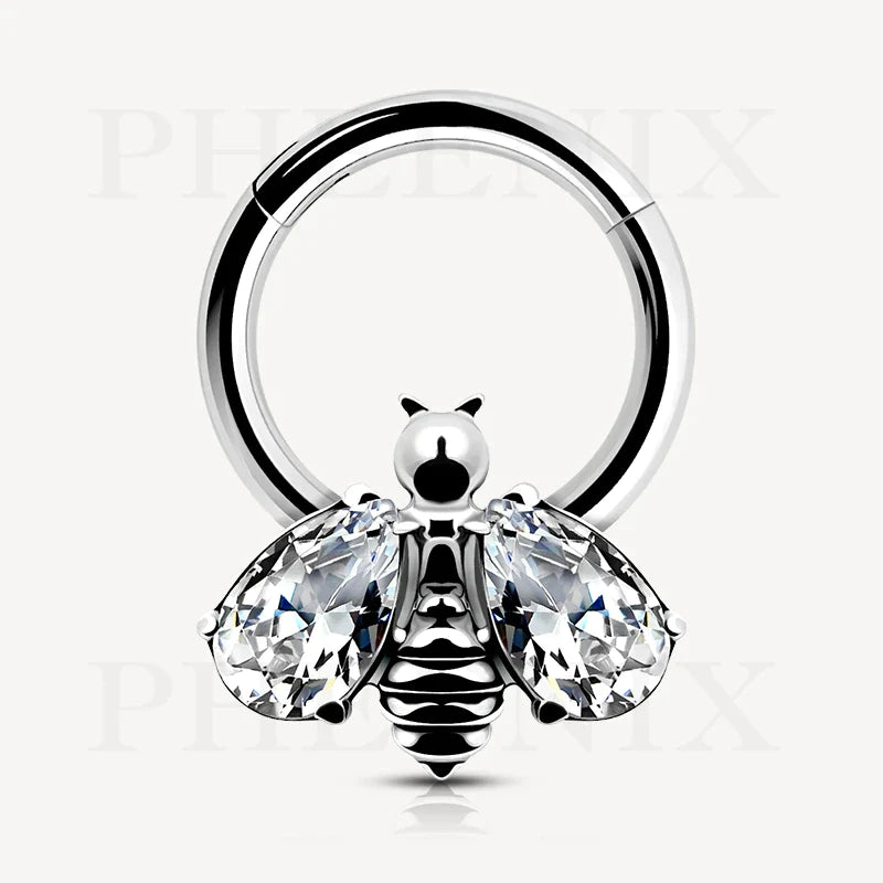 G23/ASTM F136 Titanium Silver Bee Hinged Ring With CZ Wings that can be used on septum, helix and ear lobe piercings