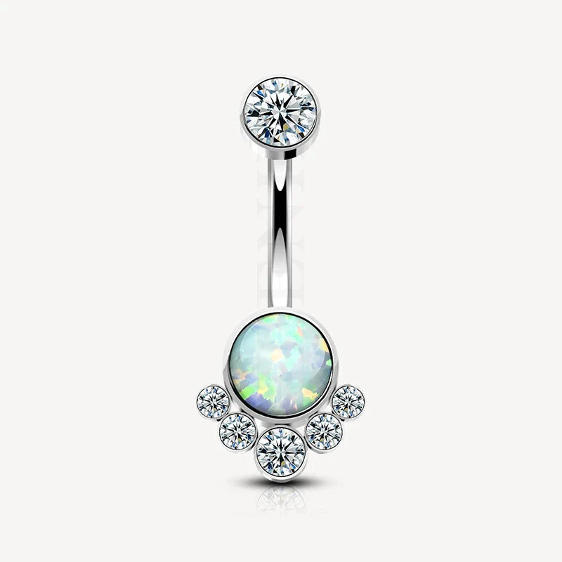 Titanium Navel Banana/Belly Button Ring With White Bezel Opal & CZ Clusters for Navel Piercing