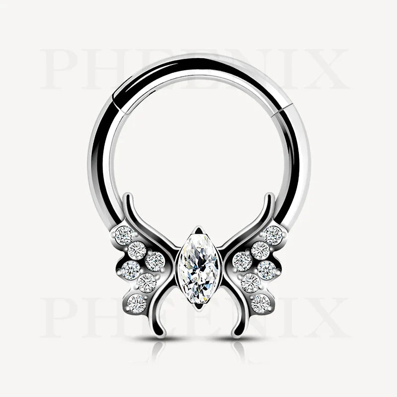 Titanium Marquise CZ Hinged Ring With Pave CZ Butterfly Wings for Nose piercings such as Septum and Ear Piercings like Helix and Ear Lobe